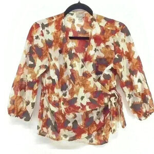 SP J. JILL Women Sheer Lightweight Blouse Top Orange Brown A89 Small Petite